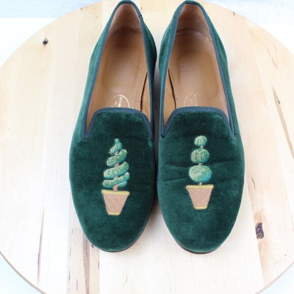 Stubbs Wootton Loafer Womens 6 Green Velvet Embroidered Slip On Comfort Shoe - Picture 2 of 12